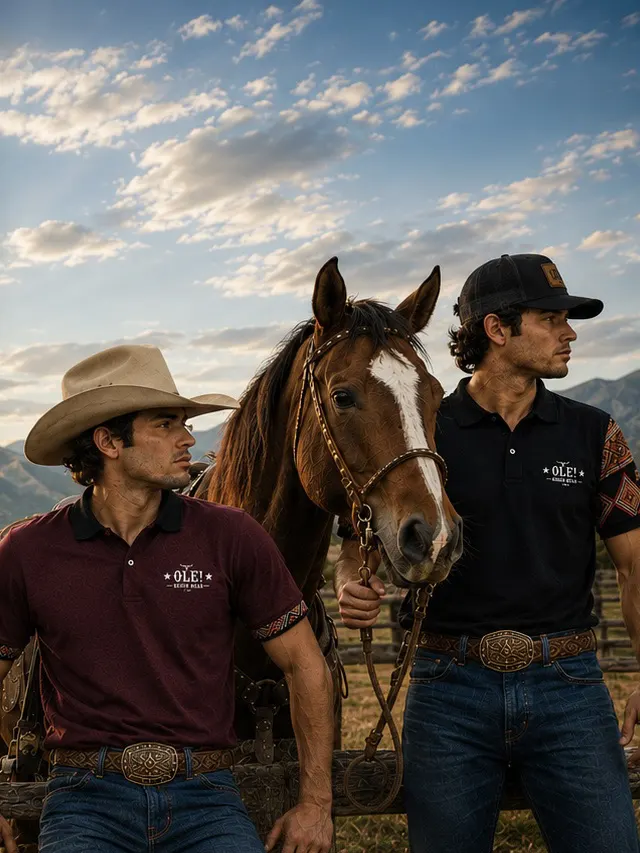 Dos jóvenes con playeras polo OLE! junto a un caballo en el campo