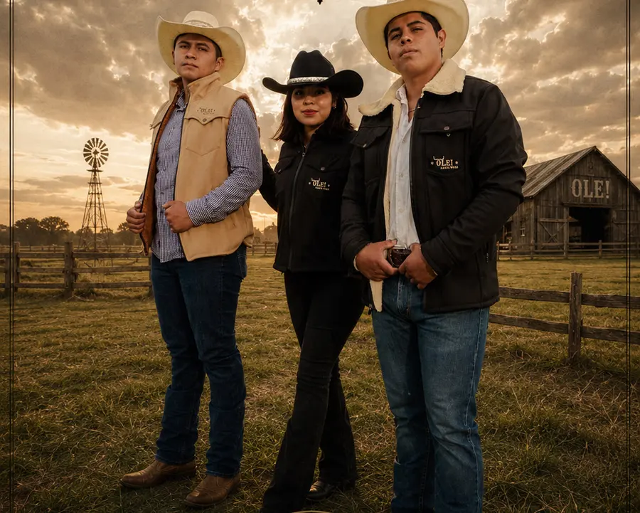 Familia con chaleco, chamarra y playera OLE! en un rancho al atardecer